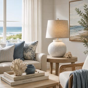 Pearl Cove | Pärlfärgad keramisk bordslampa med linneskärm