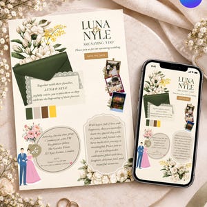 May include: A wedding invitation card and a smartphone displaying the same design. The cream-colored stationery features white floral illustrations, a dark green envelope graphic, and text reading Luna & Nyle are saying I do, with event details.
