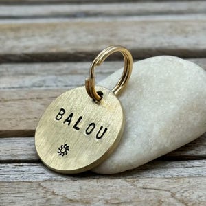Może przedstawiać: Okrągła mosiężna zawieszka identyfikacyjna dla zwierząt z wykończeniem ze szczotkowanego metalu i złotym kółkiem. Imię BALOU jest wybite czarnymi wielkimi literami, a pod nim znajduje się mała wygrawerowana ikona słońca.