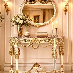 Peut inclure: Une console crème et dorée ornée avec un plateau en marbre, présentant des guirlandes florales sculptées et des pieds fuselés. Au-dessus se trouve un miroir ovale au cadre doré assorti, flanqué de deux appliques murales à abat-jour blancs.
