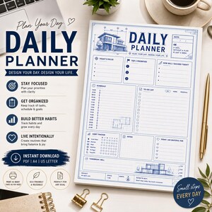 May include: A white daily planner sheet with blue architectural-style grid lines and text. The layout includes sections for schedule, to-do list, habit tracker, and notes, featuring a house illustration at the top and bottom with blueprint details.