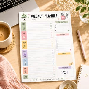 May include: A weekly planner sheet featuring a header with the text WEEKLY PLANNER and WEEK OF, followed by daily sections from Monday to Sunday with colorful icons, a top priorities list, a to-do list, notes section, and a next week box.