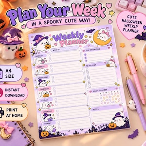 Può includere: Un blocco note per la pianificazione settimanale con sfondo sfumato viola e bianco, decorato con fantasmi, zucche e pipistrelli. Il layout include sezioni per i giorni della settimana, priorità, lista delle cose da fare, tracker e note.