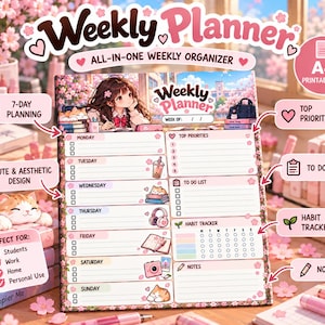 Może przedstawiać: Tygodniowy planer w formacie PDF do druku A4 z ilustracją w stylu anime przedstawiającą osobę przy biurku. Układ zawiera sekcje od poniedziałku do niedzieli, najważniejsze priorytety, listę zadań, śledzenie nawyków oraz miejsce na notatki.