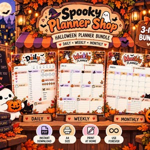Puede incluir: Un paquete de 3 planificadores de Halloween con plantillas diarias, semanales y mensuales. Las páginas coloridas incluyen ilustraciones de fantasmas, calabazas y gatos, con textos como Spooky Planner Shop, Daily, Weekly y Monthly.
