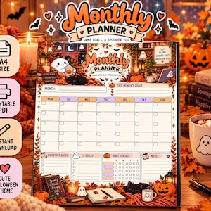 Peut inclure: Une page de planning mensuel sur le thème d'Halloween avec une grille de calendrier, des sections pour les objectifs, les dates importantes, une liste de tâches, un suivi d'habitudes et des notes. Le design inclut des fantômes et citrouilles.