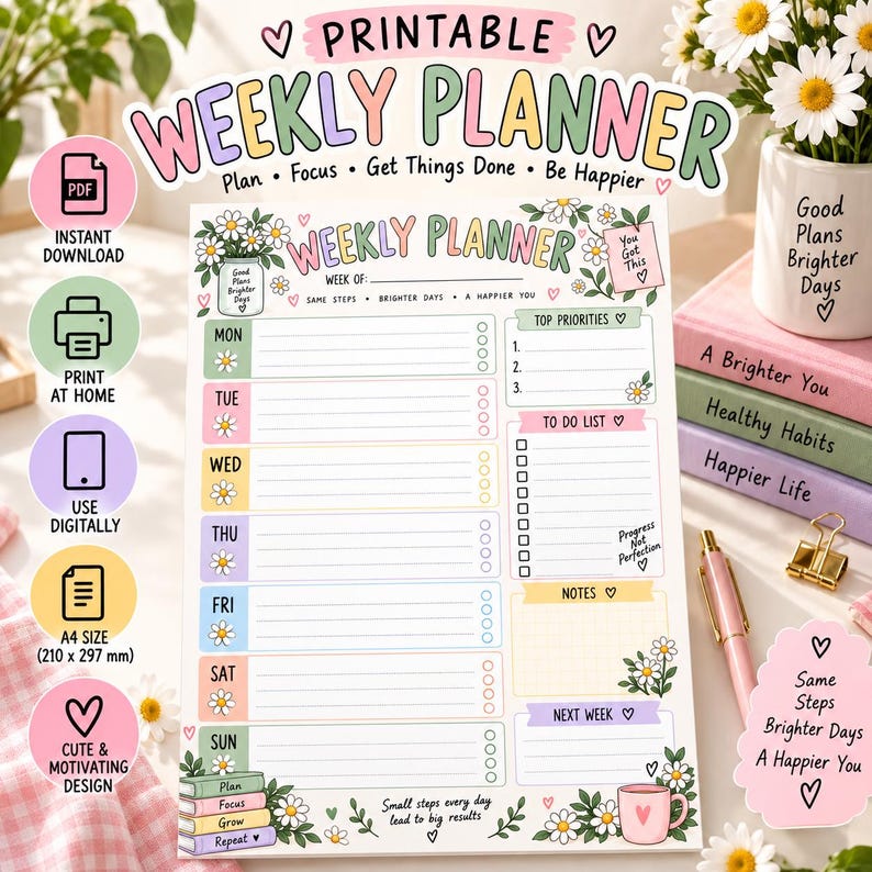 Daisy Weekly Planner Printable PDF, Floral Pastel Weekly Planner, Top ...
