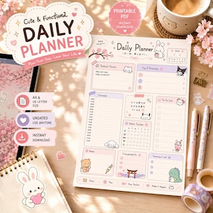 Può includere: Una pagina di pianificazione giornaliera stampabile con colori pastello e personaggi dei cartoni animati. Il layout include sezioni per l'obiettivo del giorno, priorità, un programma dalle 06:00 alle 21:00, tracker delle abitudini e note.