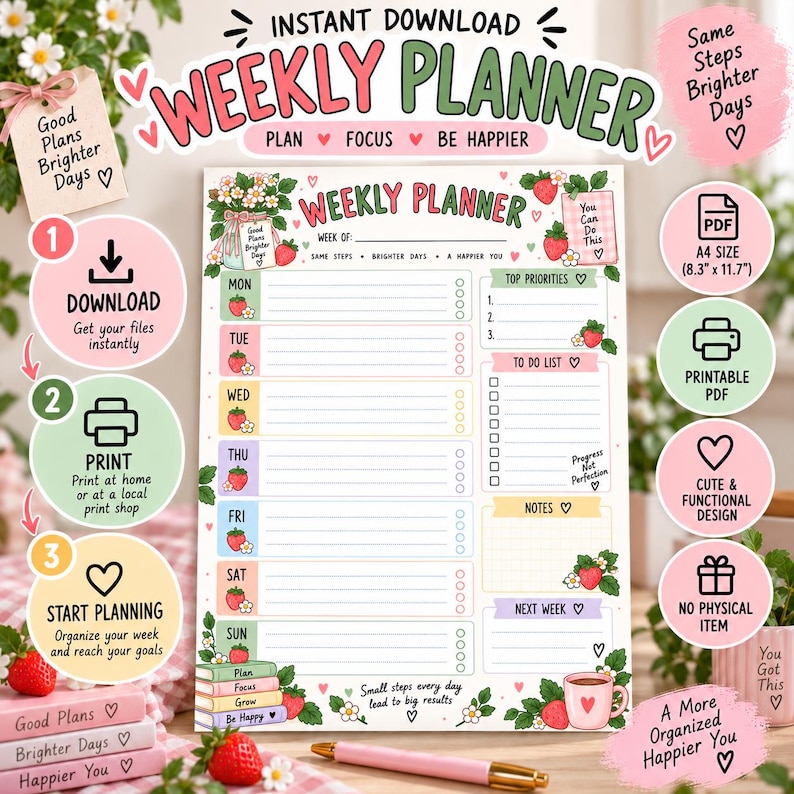 Daisy Weekly Planner Printable PDF, Floral Pastel Weekly Planner, Top ...