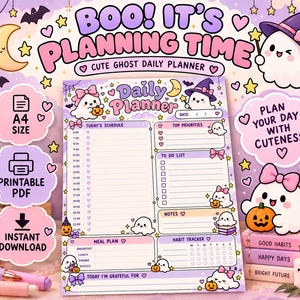 Puede incluir: Una hoja de planificador diario con tonos morados y rosas, decorada con fantasmas, calabazas y estrellas. El texto incluye 'BOO! IT'S PLANNING TIME', 'Daily Planner', 'TODAY'S SCHEDULE', 'TOP PRIORITIES', 'TO DO LIST', 'NOTES', 'MEAL PLAN' y 'HABIT TRACKER'.