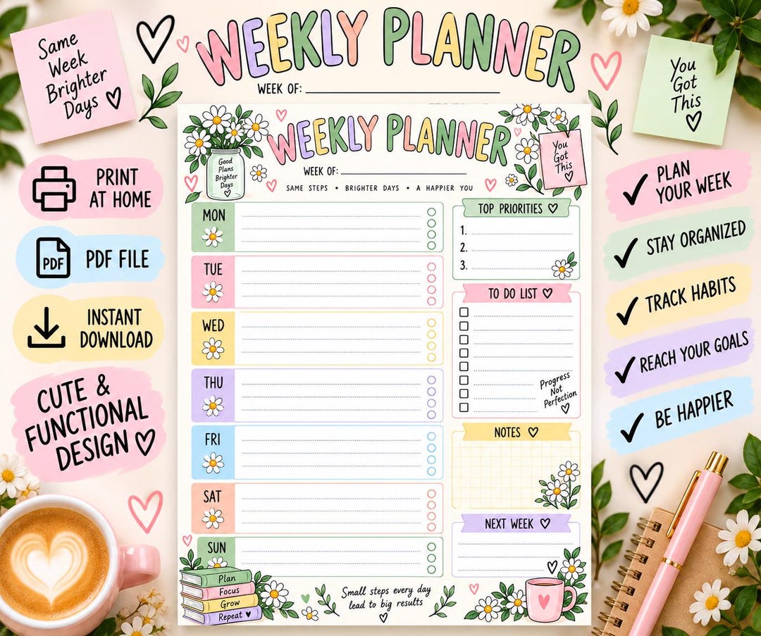 Daisy Weekly Planner Printable PDF, Floral Pastel Weekly Planner, Top ...