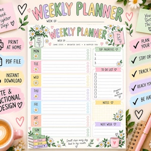 May include: A weekly planner printable featuring pastel-colored sections for each day of the week, a top priorities list, a to-do list, and a notes section. The design includes daisy illustrations, a stack of books, and text reading Weekly Planner.