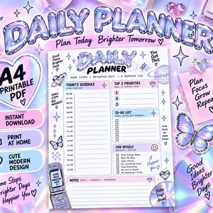 Puede incluir: Un planificador diario en PDF imprimible con una estética holográfica en degradados morados y azules. El diseño incluye secciones para horarios, prioridades, lista de tareas, cuidado personal y notas, decorado con estrellas, corazones y una mariposa.