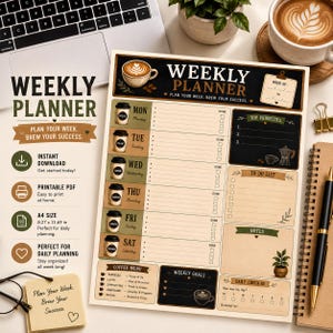 Op de afbeelding: Een weekplanner met een koffiethema, voorzien van secties voor dagelijkse taken, prioriteiten, een to-do lijst, notities, weekdoelen en een dagelijkse check-in. Het ontwerp bevat illustraties van koffiekopjes en de tekst Weekly Planner.