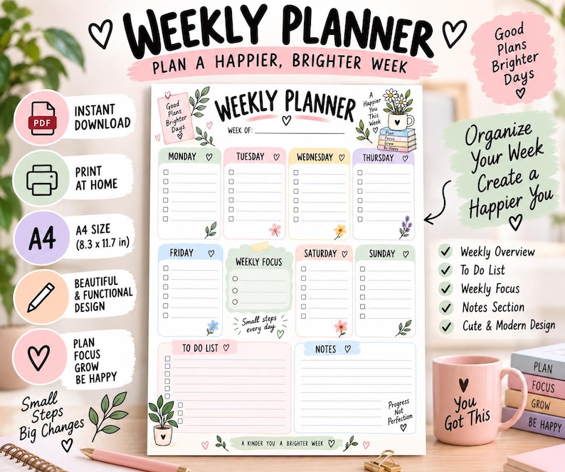 Weekly Rostrer Floral Weekly Planner Printable PDF, Undated Pastel Weekly Schedule ...