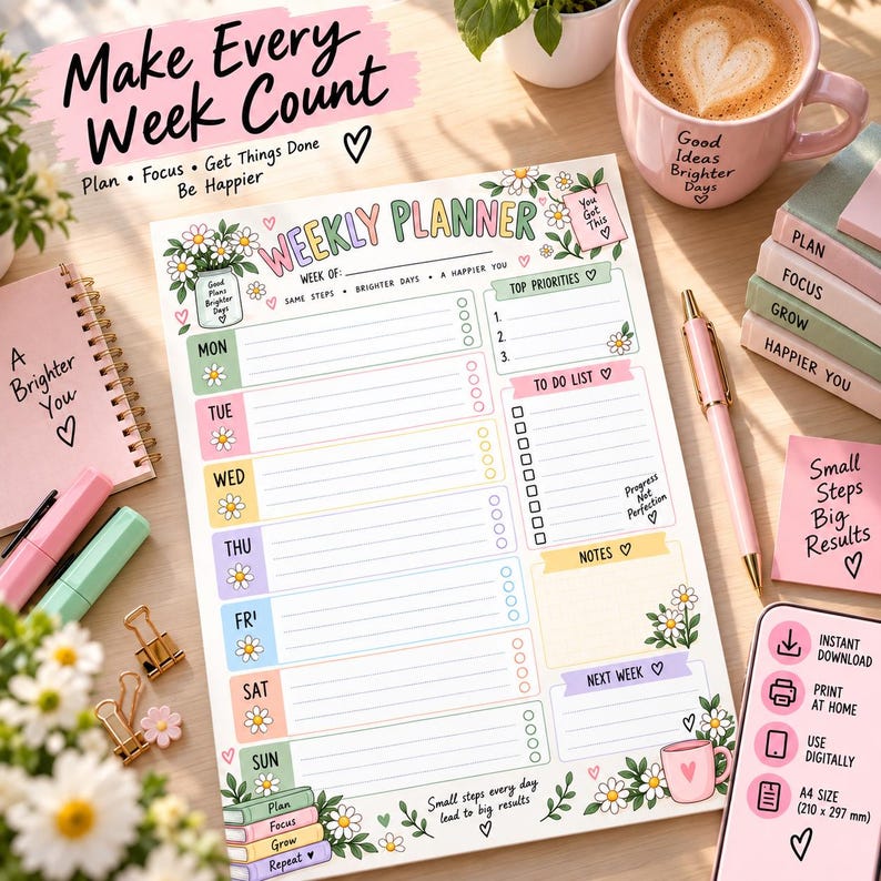 Daisy Weekly Planner Printable PDF, Floral Pastel Weekly Planner, Top ...