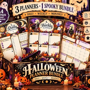 Puede incluir: Un paquete de planificadores de Halloween que incluye tres archivos PDF A4 para organización diaria, semanal y mensual. Los diseños presentan ilustraciones de gatos negros, calabazas, fantasmas y sombreros de bruja con etiquetas.