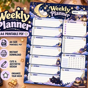 Puede incluir: Un planificador semanal en PDF imprimible tamaño A4 con un tema celestial azul oscuro, un gato blanco durmiendo sobre una luna creciente, estrellas, planetas y nubes. Incluye secciones para los días de la semana, prioridades, tareas y seguimiento.
