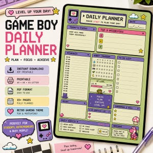 May include: A digital daily planner template with a retro gaming aesthetic, featuring sections for focus, priorities, schedule, habit tracking, and daily quests. The layout includes pixel art icons, a progress bar, and text like Daily Planner.