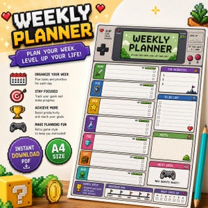 Può includere: Un foglio di pianificazione settimanale con un'estetica da videogioco retrò, dotato di sezioni per attività quotidiane, priorità e una barra di avanzamento. Il layout include icone in pixel art e il testo WEEKLY PLANNER ben visibile.