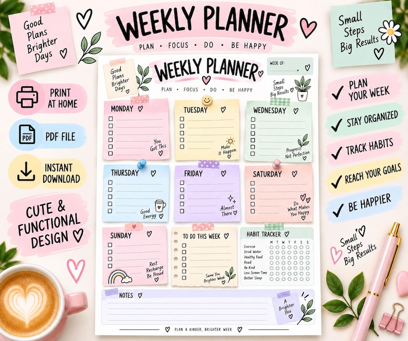 Cute Sticky Note Weekly Planner Printable PDF, Pastel Weekly Checklist ...