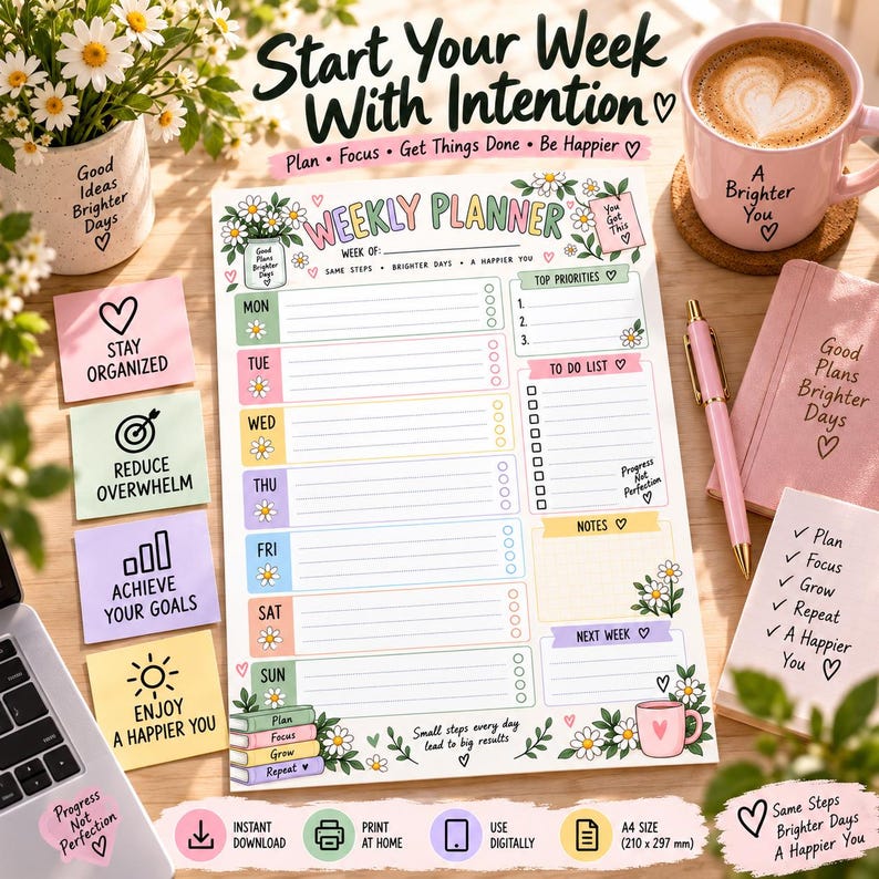 Daisy Weekly Planner Printable PDF, Floral Pastel Weekly Planner, Top ...