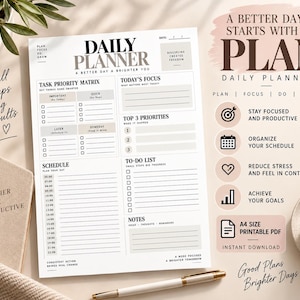 Peut inclure: Une page de planificateur quotidien avec une matrice de priorités, un emploi du temps de 06:00 à 22:00, une liste des 3 priorités et une section notes. Le texte inclut "DAILY PLANNER," "A BETTER DAY STARTS WITH A PLAN," et "A4 SIZE PRINTABLE PDF."