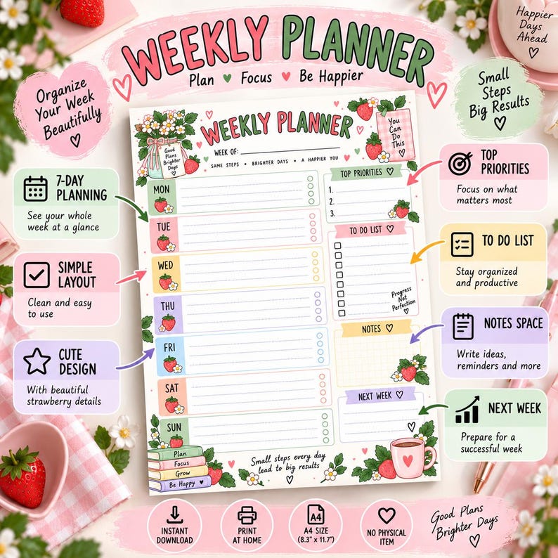 Daisy Weekly Planner Printable PDF, Floral Pastel Weekly Planner, Top ...