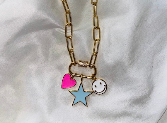 Charm Necklace Paper Clip Chain Necklace Smiley Face Heart 