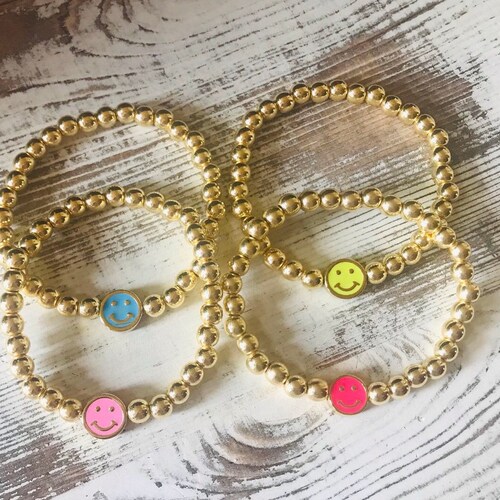 Smiley Face Gold Beaded Bracelets Stacking Bracelets Happy Etsy