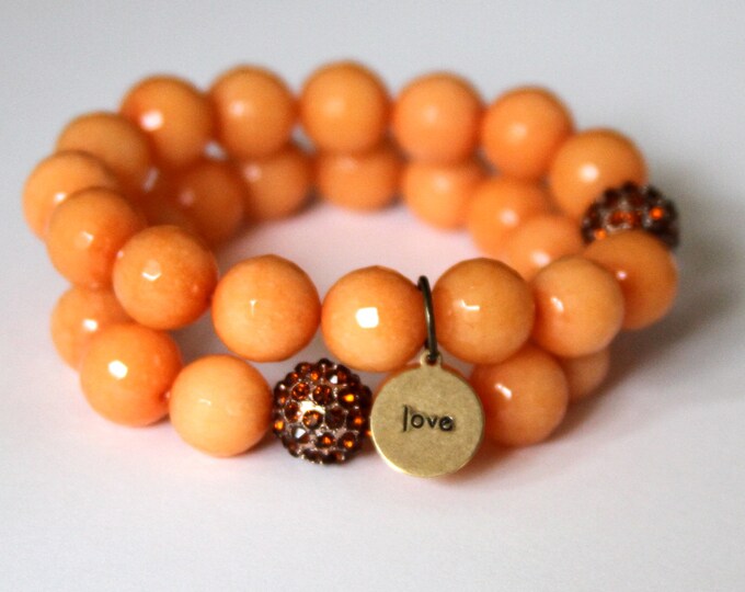 Stretch Bracelet , Love Charm , Stretch Beaded Bracelet , Orange Agate