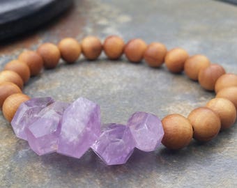 Sandalwood and Amethyst Stretch Bracelet, mala bracelet, yoga, amethyst bracelet, gemstone jewelry, healing bracelet