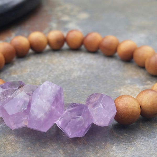 Sandalwood and Amethyst Stretch Bracelet, mala bracelet, yoga, amethyst bracelet, gemstone jewelry, healing bracelet