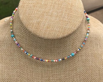 Rainbow Party Turquoise Beaded Choker, Dainty Choker, Trendy Jewelry, Beach Vibe, Bohemian Jewelry, Boho Chic, Seed Bead Choker Necklace