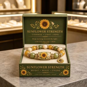 May include: A beaded bracelet with yellow, green, and cream-coloured stones, featuring a central cylindrical bead with a sunflower design and a small sunflower charm. It is presented in a green box labelled Sunflower Strength with floral motifs.