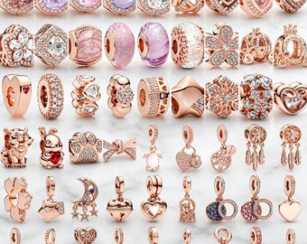 Rose Gold European Charm Beads:Pink Crystal Heart Floral Moon Animal Dangle Pendants,everyday jewelry,Gift for her.