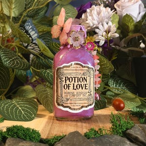 Peut inclure: Une bouteille en verre rectangulaire remplie d'un liquide rose scintillant, avec une étiquette indiquant Potion of Love, Rubens Winkus and Company Inc. La bouteille est ornée d'un papillon rose, d'une fleur et d'une chaîne de perles roses.