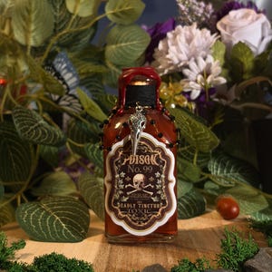Może przedstawiać: Prostokątna szklana butelka wypełniona bursztynowym płynem, uszczelniona czerwoną woską. Etykieta zawiera napis Poison No. 99, Deadly Tincture, Toxic oraz grafikę czaszki. Srebrny wisiorek w kształcie czaszki ptaka wisi na czarnym koralikowym łańcuszku.