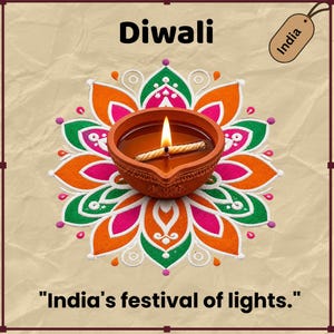 Può includere: Una lampada diya in argilla marrone con uno stoppino acceso poggia su un colorato motivo rangoli con petali arancioni, verdi e rosa. Il testo recita Diwali, India e India's festival of lights. Lo sfondo è una superficie beige testurizzata.