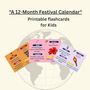 May include: A 12-Month Festival Calendar printable flashcards for kids set featuring educational cards with facts, traditions, and activities about global celebrations like Ghana's Homowo, Fiji's Hibiscus Festival, and Scotland's Hogmanay.