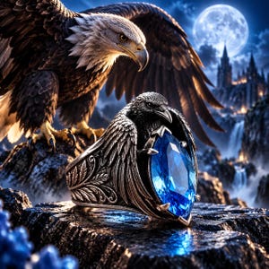 May include: A silver ring featuring a detailed raven motif with wings wrapping around a large, marquise-cut blue gemstone. The band displays intricate feather textures and metalwork, set against a dark, rocky surface with a large eagle above.