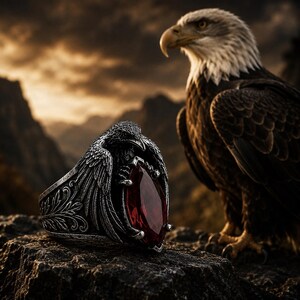 May include: A silver-toned metal ring featuring a detailed raven sculpture with wings wrapped around a central, marquise-cut deep red gemstone. The band displays intricate engraved leaf patterns along the sides, showcasing a dark, weathered finish.
