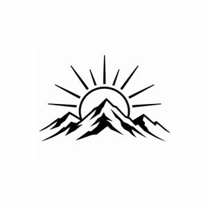 May include: A black and white graphic illustration featuring a stylized mountain range with sharp, jagged peaks. Behind the central mountain peak, a semi-circular sun rises, emitting straight, radiating sunbeams that extend outward in a fan pattern.