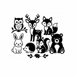 May include: A black and white graphic illustration featuring a collection of woodland animals including an owl on a branch, a deer, a fox, a rabbit, a hedgehog, a squirrel holding an acorn, and a bear, accompanied by small leaf icons at the bottom.