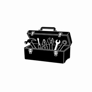 May include: A black and white graphic illustration of an open rectangular metal toolbox with a top handle and two front latches. Inside the box are various hand tools including a hammer, a screwdriver, pliers, and several types of wrenches.