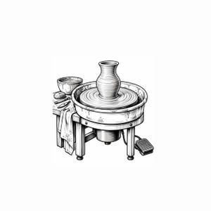 May include: A black and white line art illustration of a pottery wheel with a centred clay vase. The setup includes a basin, a small bowl, a cloth draped over the side of the wooden table, and a foot pedal connected by a cord to the motor.
