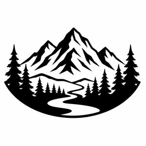 May include: A black and white graphic illustration featuring a central mountain peak with jagged ridges, surrounded by a dense forest of pine trees on both sides, and a winding river flowing through the foreground landscape in a circular frame.