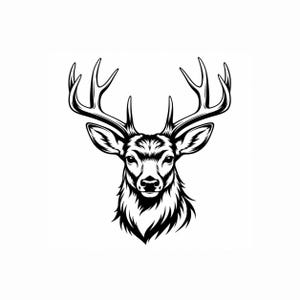 Puede incluir: Una ilustración gráfica en blanco y negro de una cabeza de ciervo con astas grandes y detalladas. La obra utiliza líneas de alto contraste para definir los rasgos faciales, las orejas y la textura del pelaje del animal en una composición centrada.