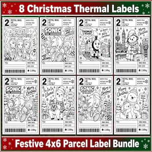May include: A set of eight rectangular Christmas thermal labels featuring black and white line art illustrations. Designs include K-Pop characters, Sonic the Hedgehog, Thomas the Tank Engine, Paddington Bear, a llama, and polar bears with holiday text.