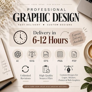 Puede incluir: Un anuncio de servicio de diseño gráfico profesional con el texto Professional Graphic Design, Delivery in 6-12 Hours y Express Delivery Available. Incluye iconos para formatos de archivo AI, SVG, EPS, PNG y PDF, además de revisiones.